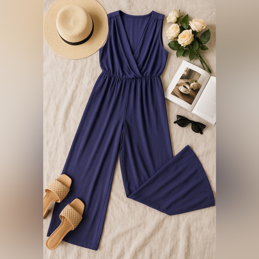 Xtaren Navy Blue Chiffon Wrap-Style Jumpsuit Size Medium